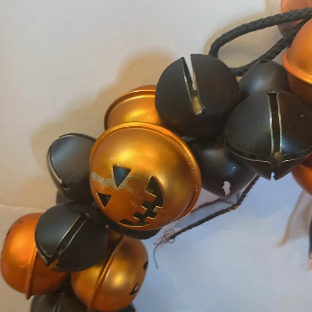 Halloween pumpkin black / orange bell hanging door wreath 11”